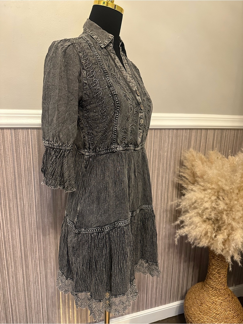 Young Threads Charcoal Embroidered Boho Mini Dress Beaded Lace Hem Small - Picture 6 of 12